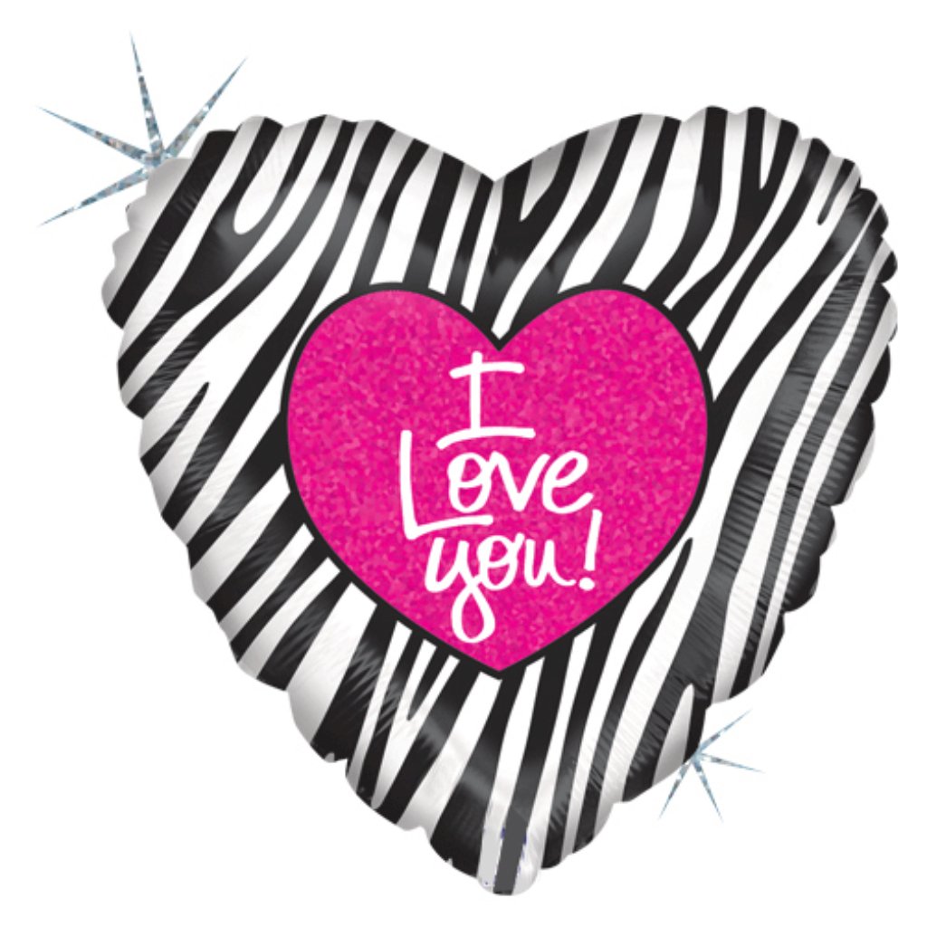 I Love You Zebra Heart Holographic Foil Balloon 18in 