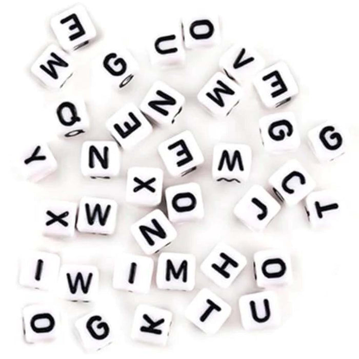 Alphabet Beads: 8mm Cube x36 A) White w/Black Letters 