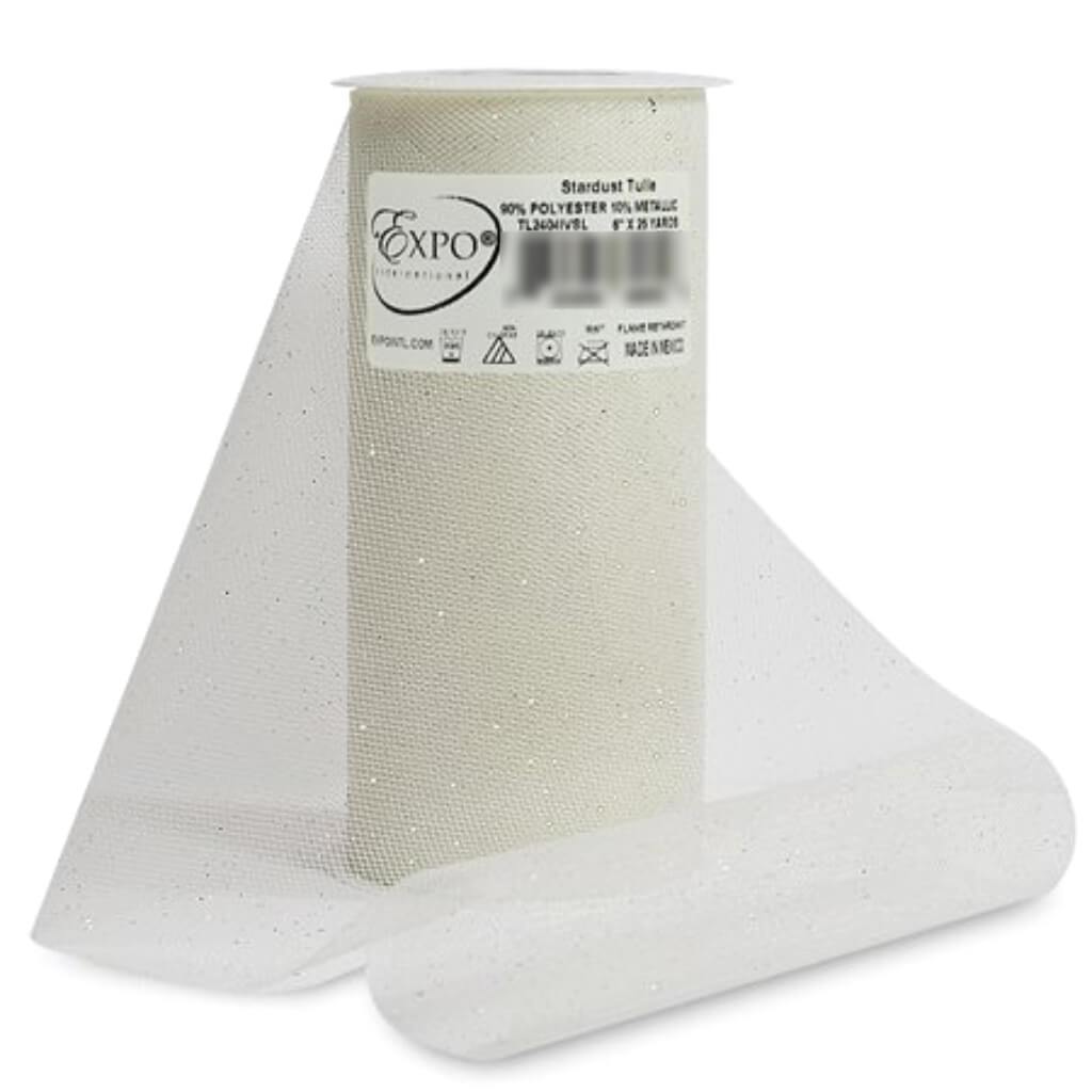 Expo Glitter Tulle 6in x 25yd Spool Ivory with Silver Glitter