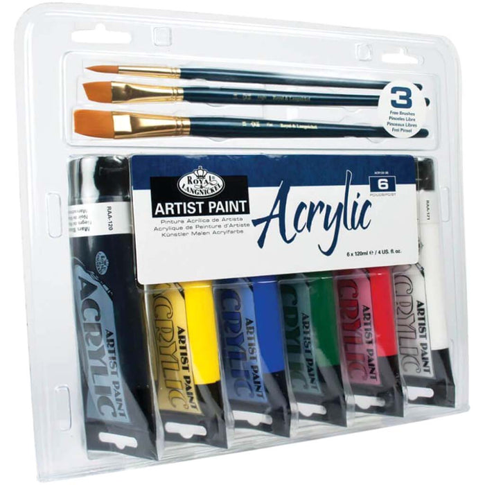 Royal & Langnickel Acrylic Paint 6ct 120ml with 3 Brushes