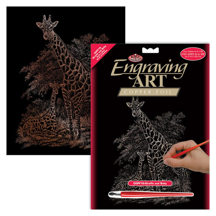 Engraving Art Copper Giraffe & Baby