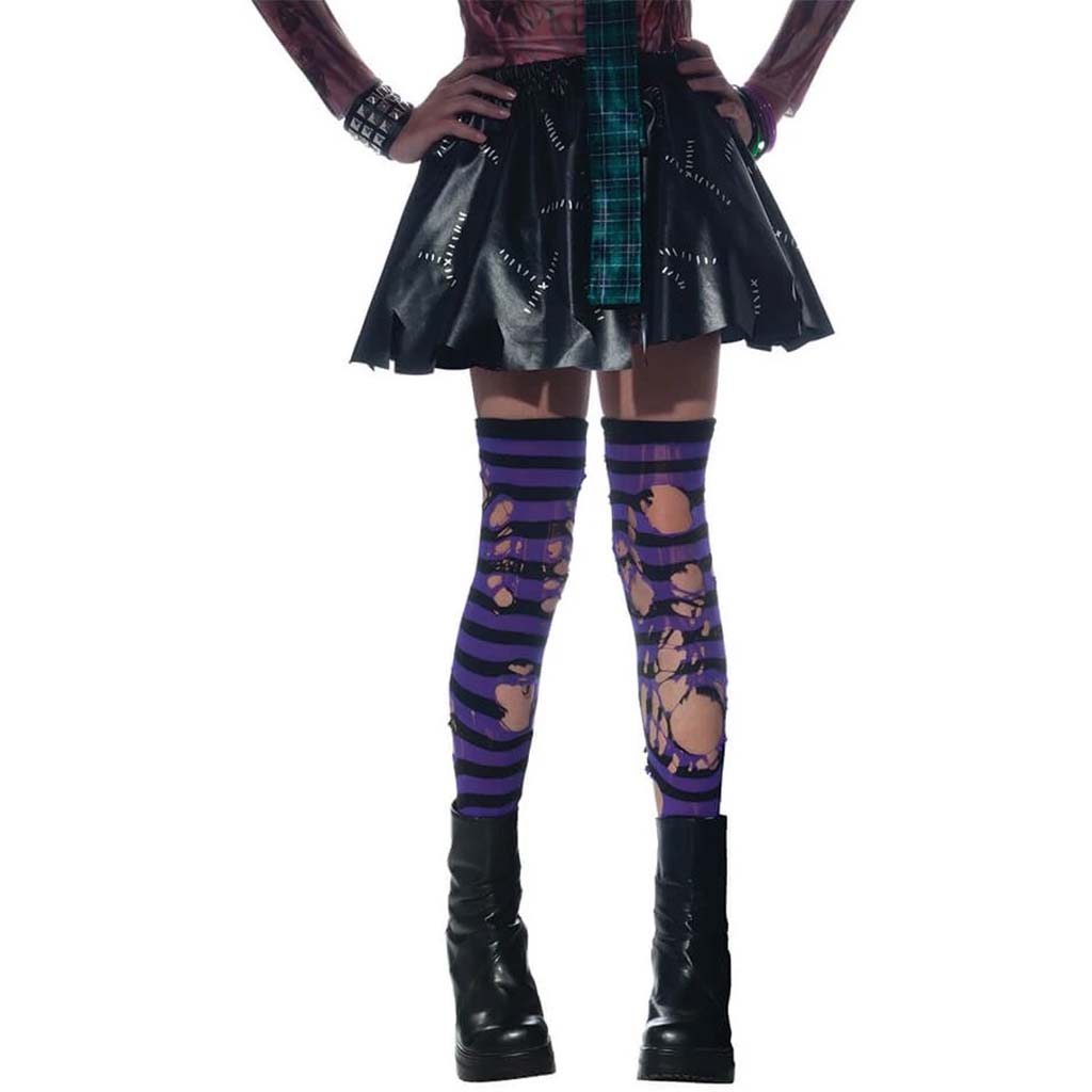 Striped Ripped Thigh High Purple