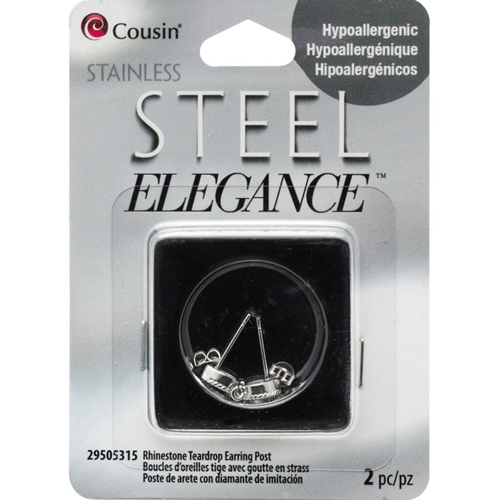 Rhinestone Teardrop Earring Post Stainless Steel 2pc