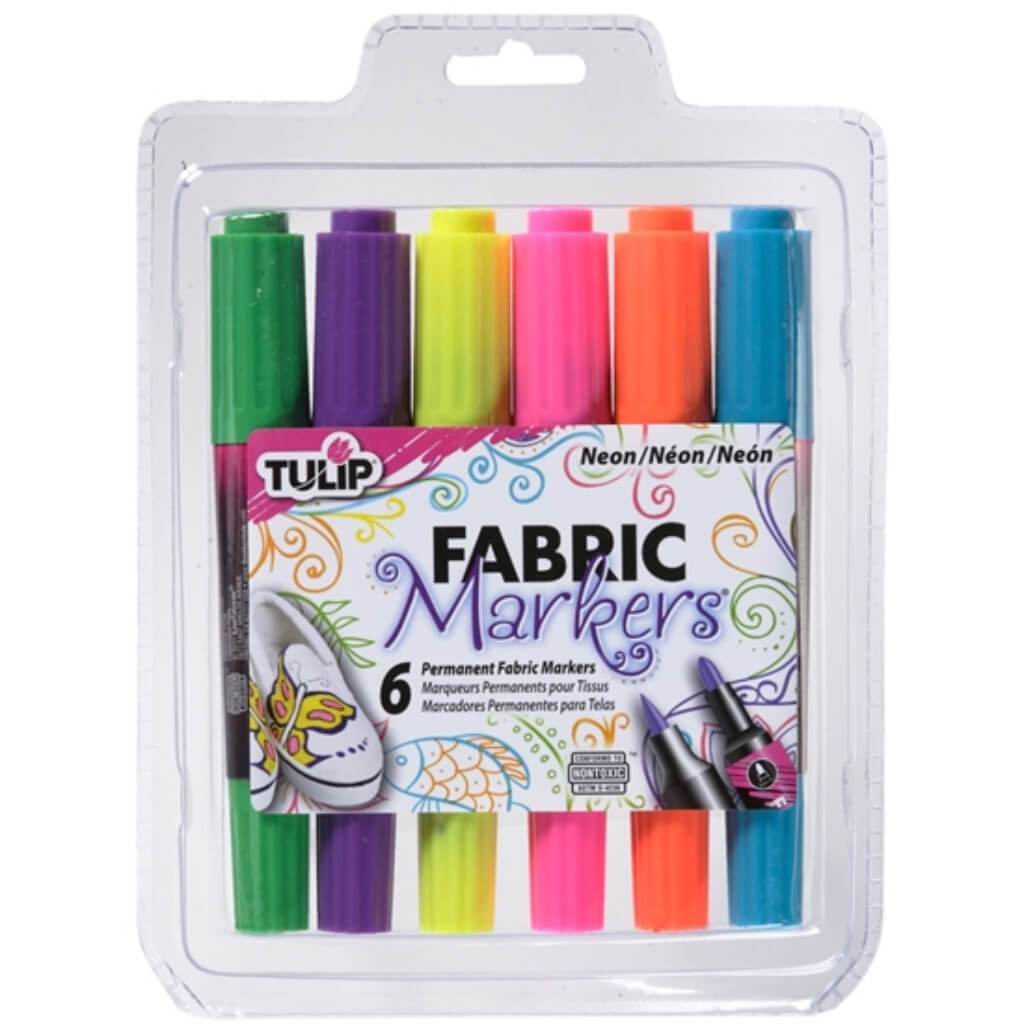 PERMANENT FABRIC MARKERS DUAL TIP NEON 6PK