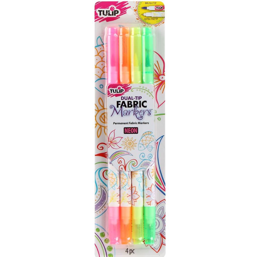 PERMANENT FABRIC MARKERS DUAL TIP NEON 4PK