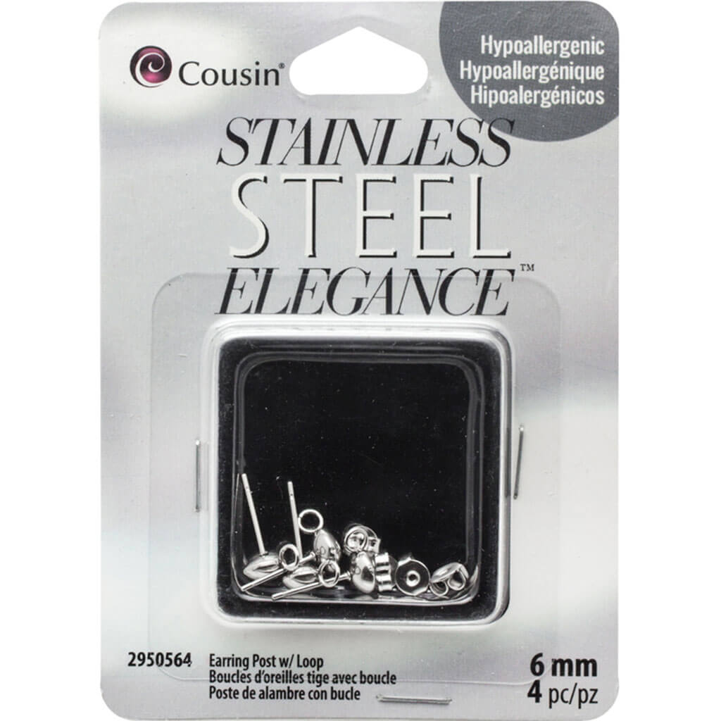 Stainless Steel Elegance Earring Post &amp; Loop 4pc 6mm