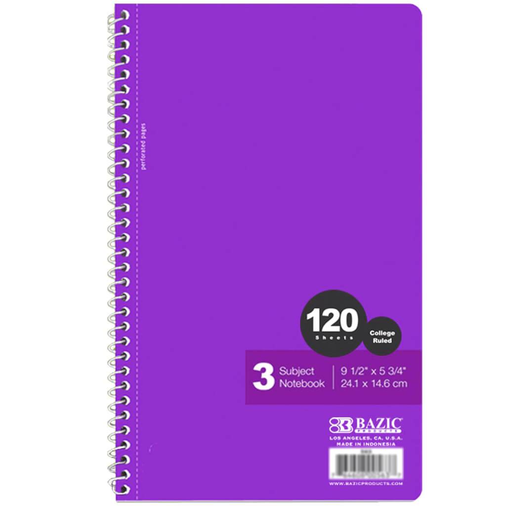 Bazic Spiral Notebook 3-­Subject 9.5in x 5.75in 120ct