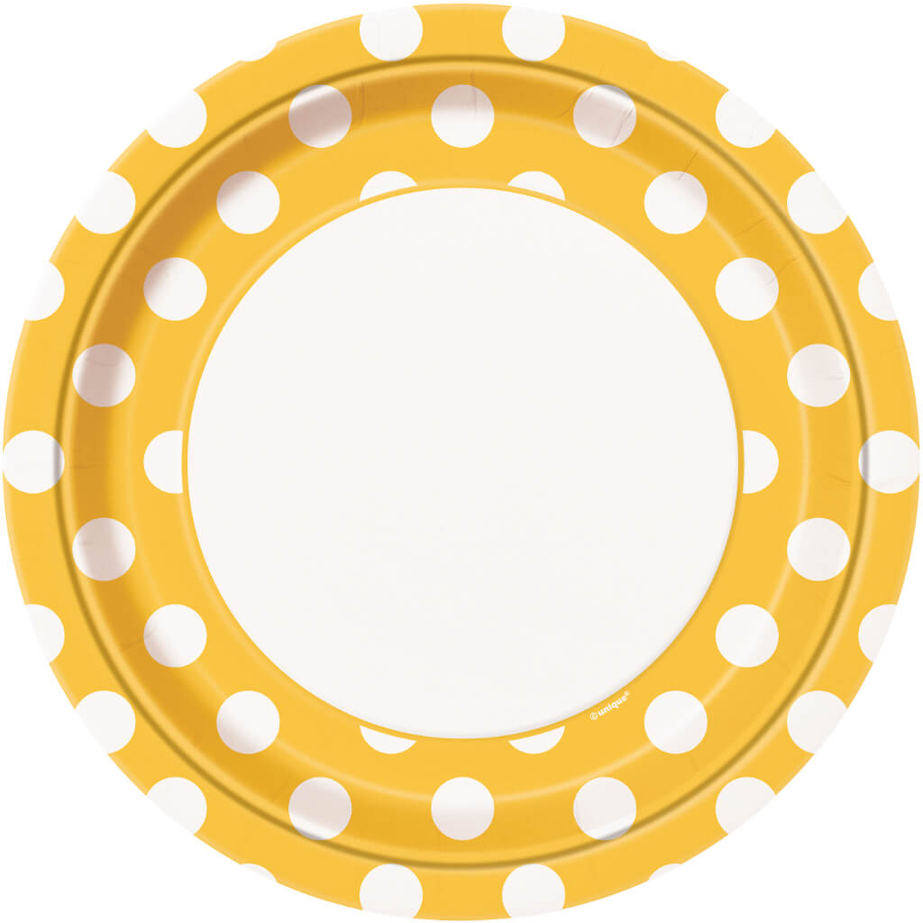 Round Dinner Plates 9in 8ct, Sunflower Yellow Dots 