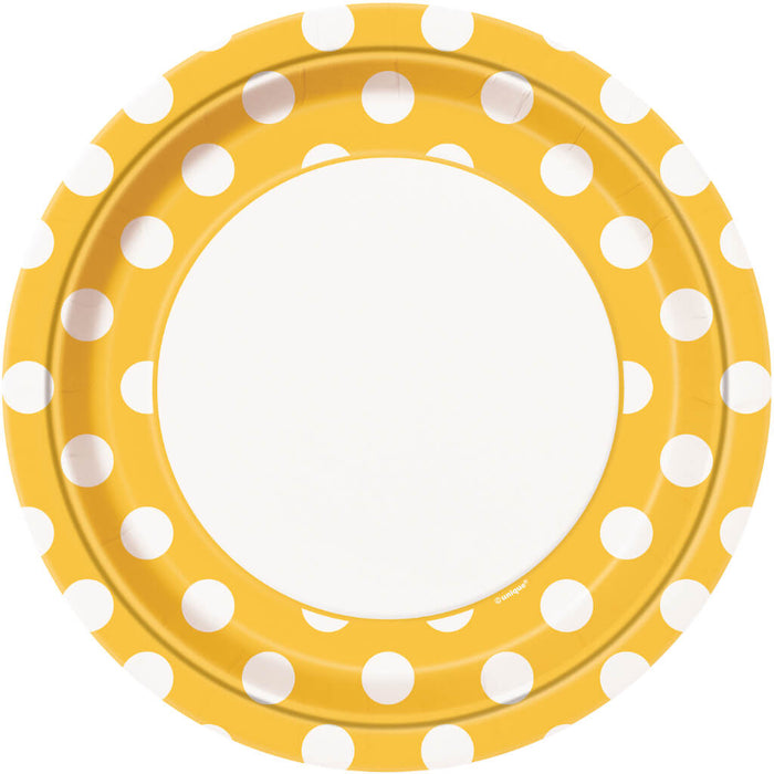Round Dinner Plates 9in 8ct, Sunflower Yellow Dots 