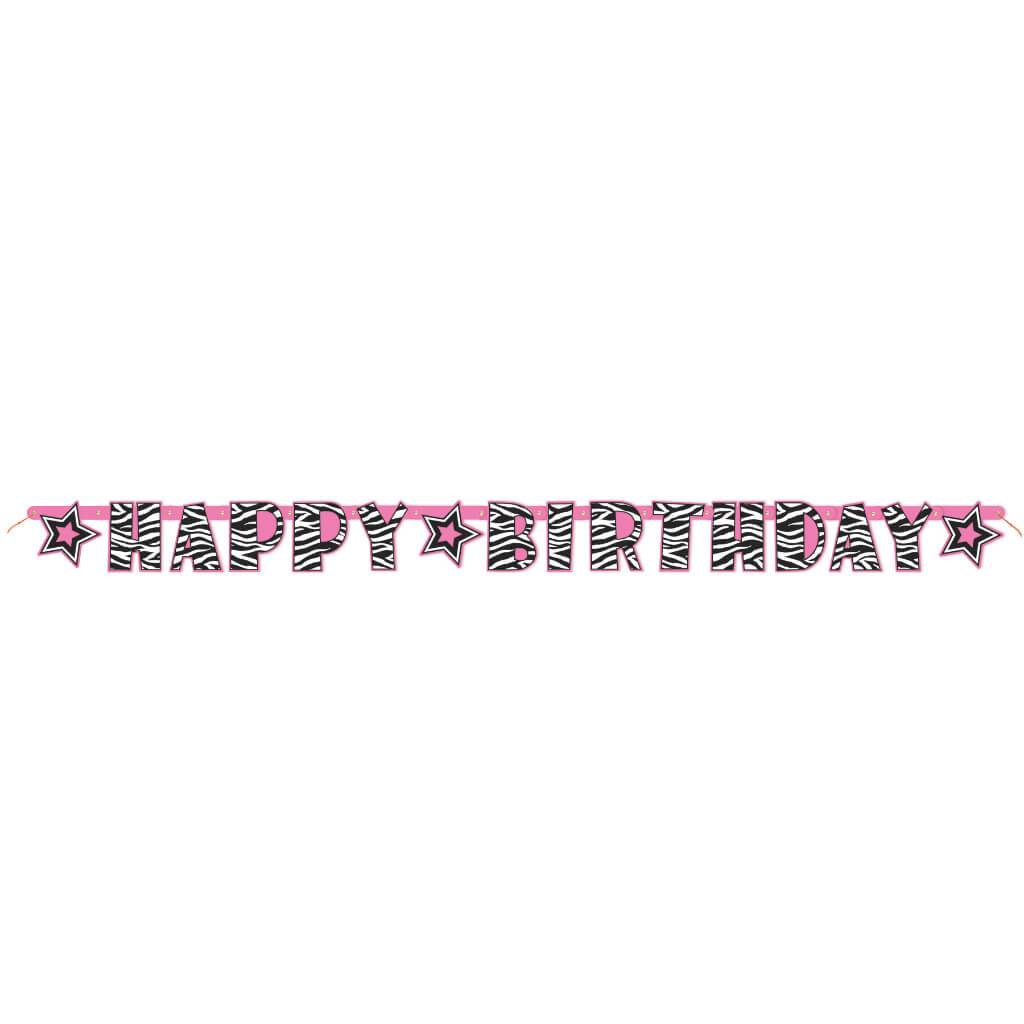 Large Jointed Banner, Zebra Passion Pink Happy Birthday 