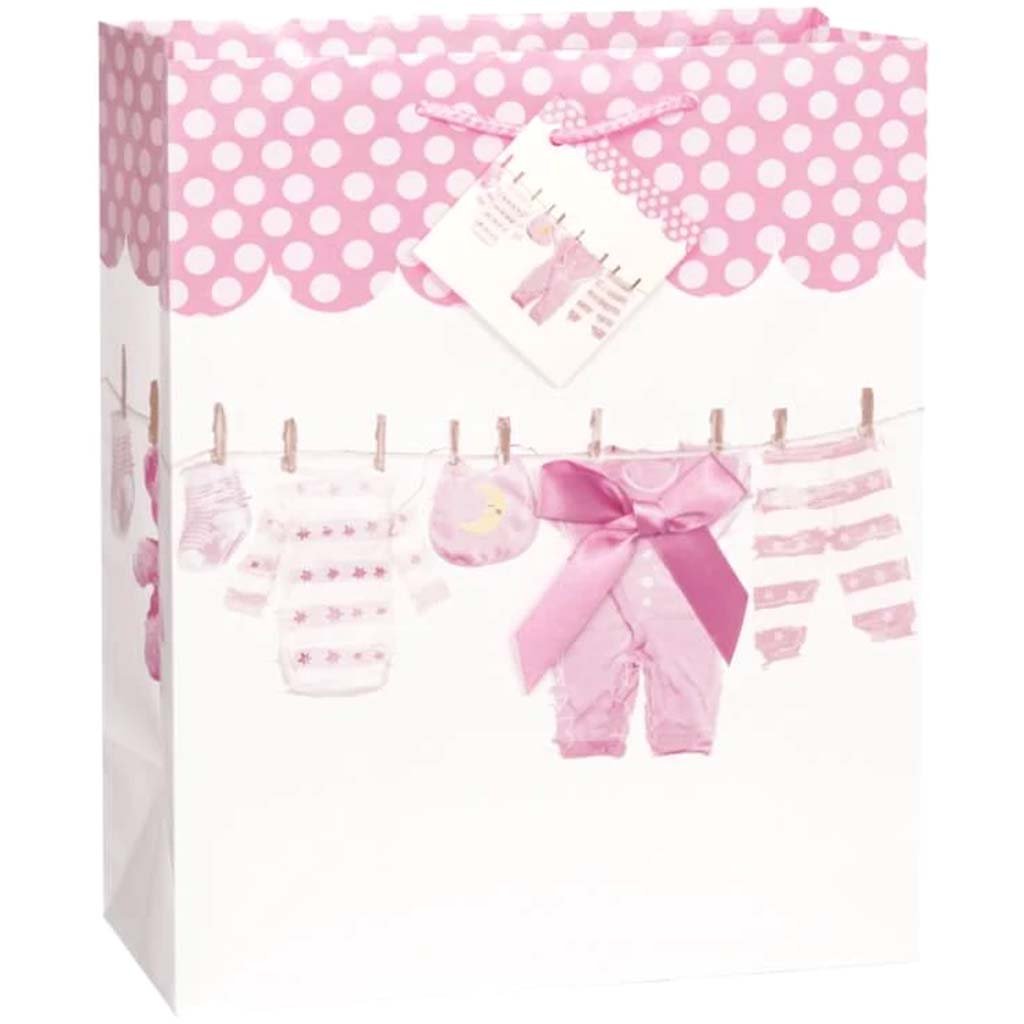 Gift Bag Large, Pink Clothesline Baby Shower 