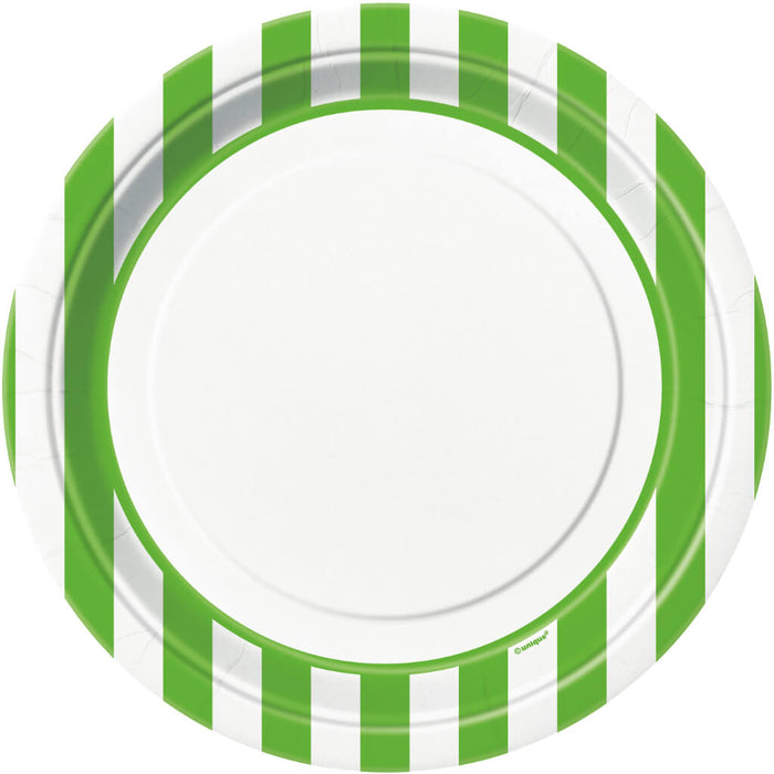 Lime Green Stripes Round Dinner Plates 9in 8ct 