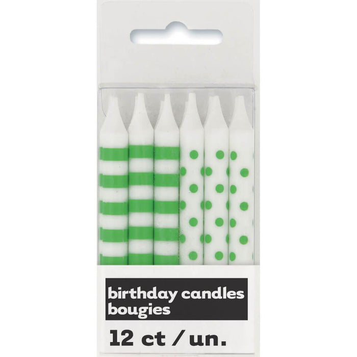 Lime Green Stripes & Dots Birthday Candles 12ct 