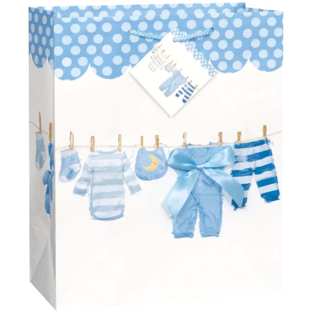 Gift Bag Large, Blue Clothesline Baby Shower 