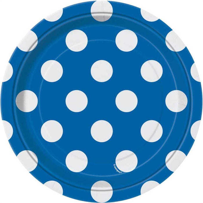 Royal Blue Dots Round Dessert Plates 7in 8ct 