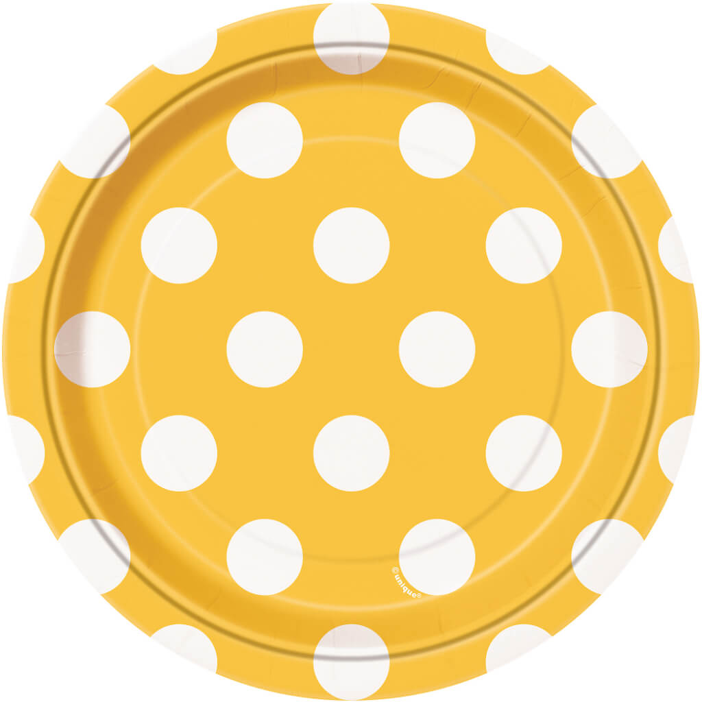 Round Dessert Plates 7in 8ct, Sunflower Yellow Dots 