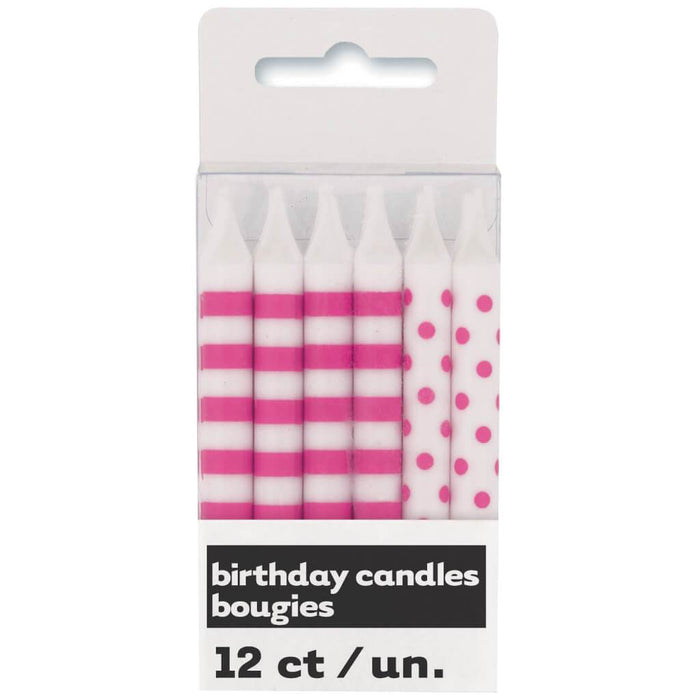Birthday Candles 12ct, Hot Pink Stripes & Dots 
