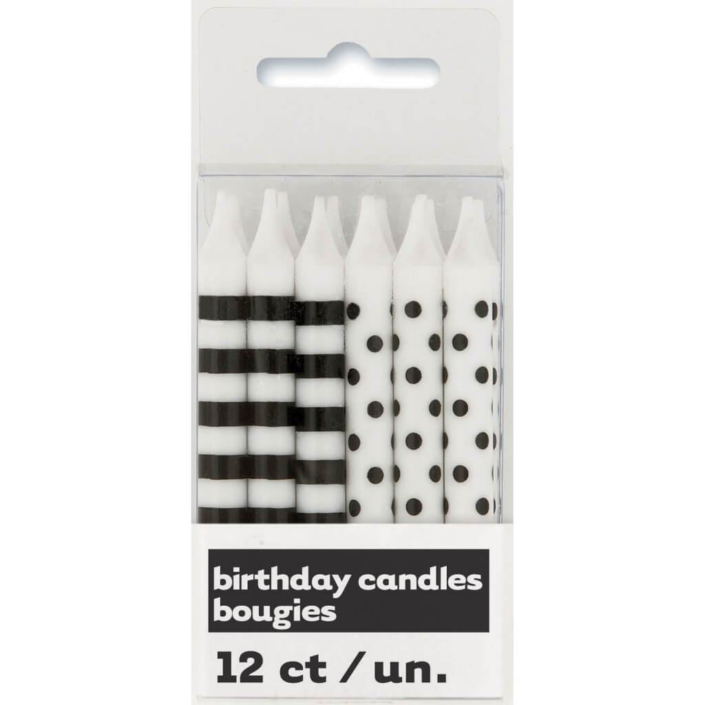 Birthday Candles 12ct, Black Stripes &amp; Dots 