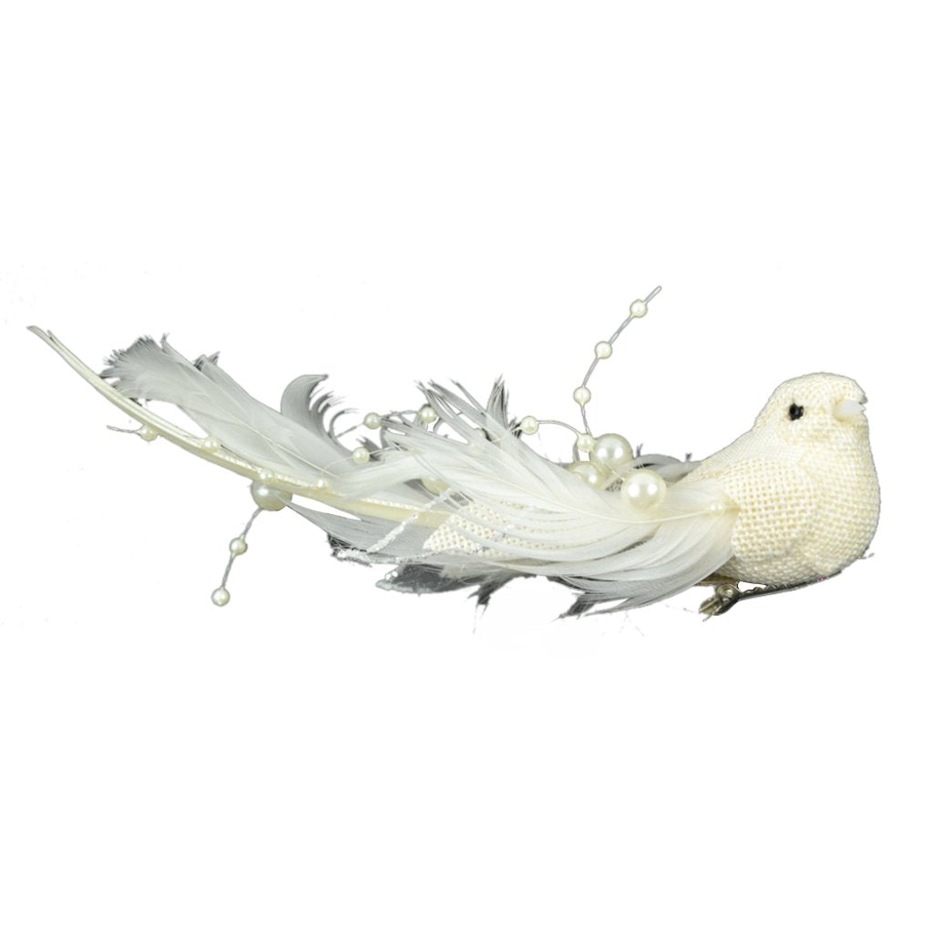 Cream Fancy Linen Bird With Pe Arls On A Clip 6.5in 