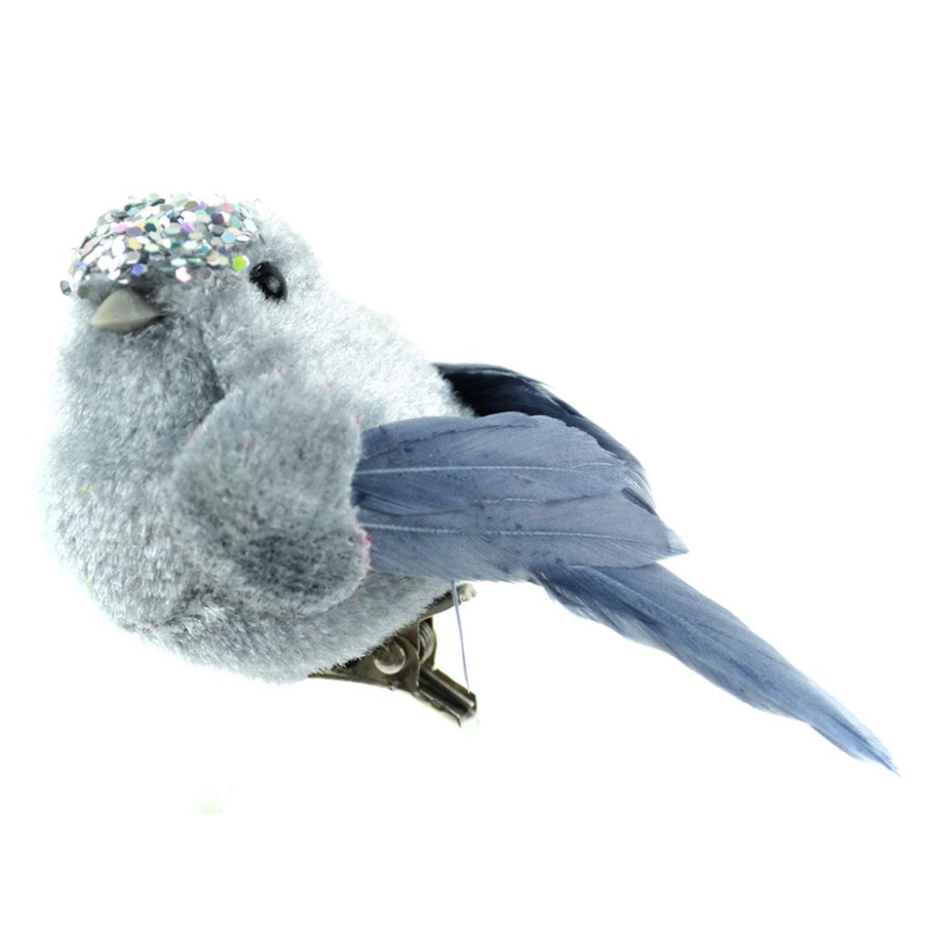 Grey Fancy Fat Velvet Glitter Bird On A Clip 3in 