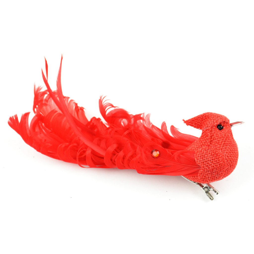 Red Fancy Burlap And Feather B Ird 6in 