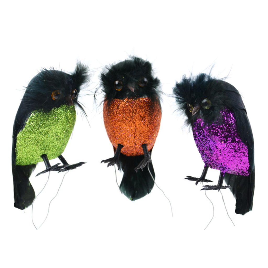 Feather Glitter Owl W/Feet + Wire 1Pc 4In 