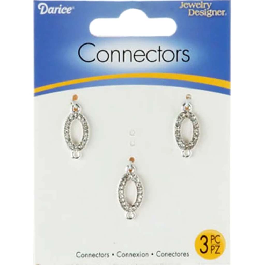 Jewelry Connectors Silver Rhinestone Ovals 10 x 21mm 3 pieces 