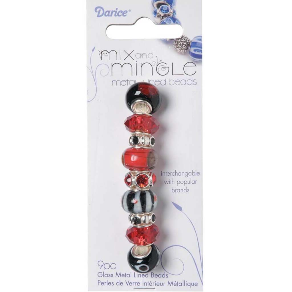 MIX AND MINGLE GLASS BEADS METAL LINED RED &amp; BLACK 