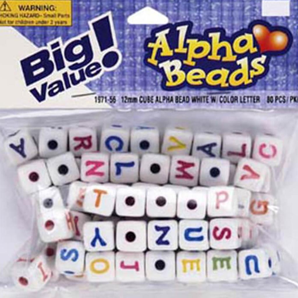 Alphabet Beads Cube Assorted White with Color Letters 12mm 