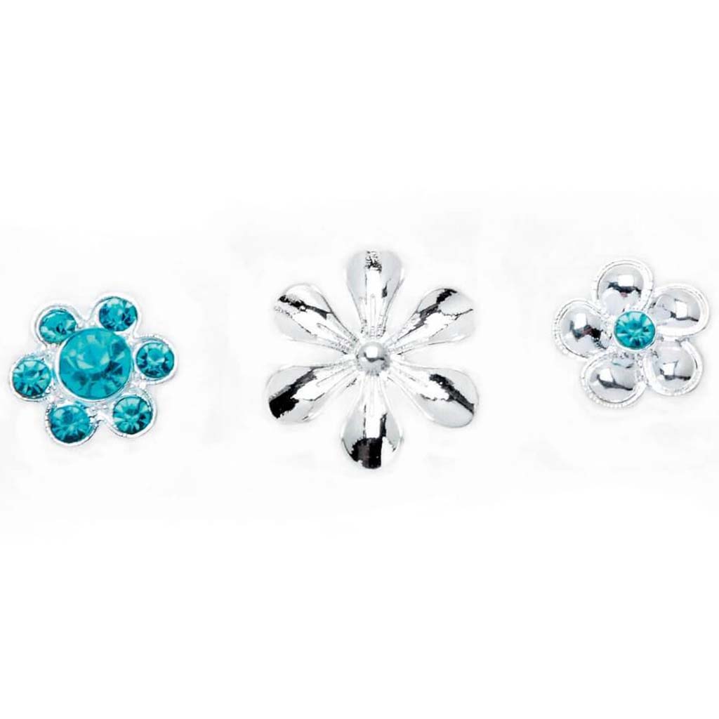 SILVER FLOWER SLIDERS BLUE AND CLEAR RHINESTONES 