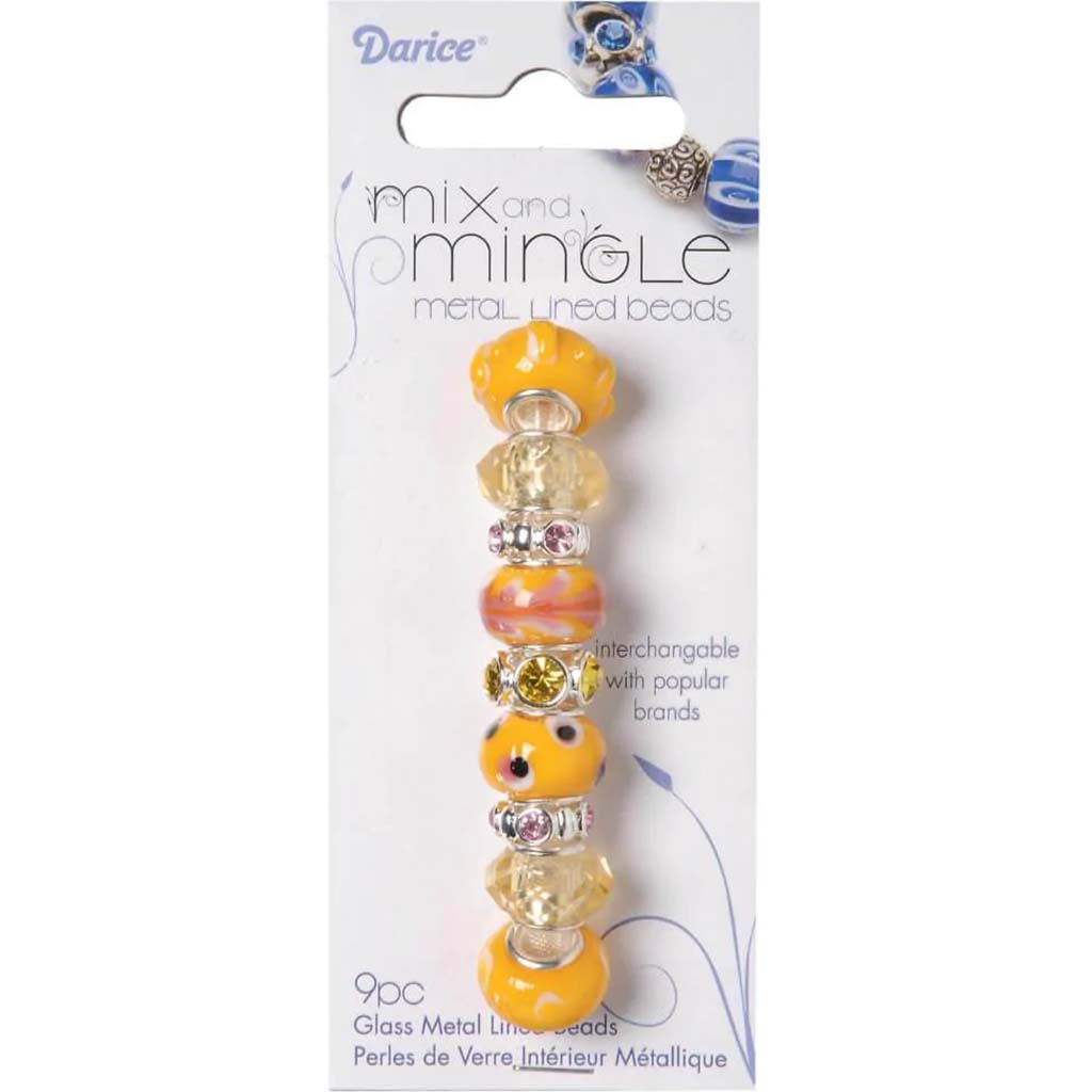 MIX AND MINGLE GLASS BEADS METAL LINED YELLOW &amp; PINK 