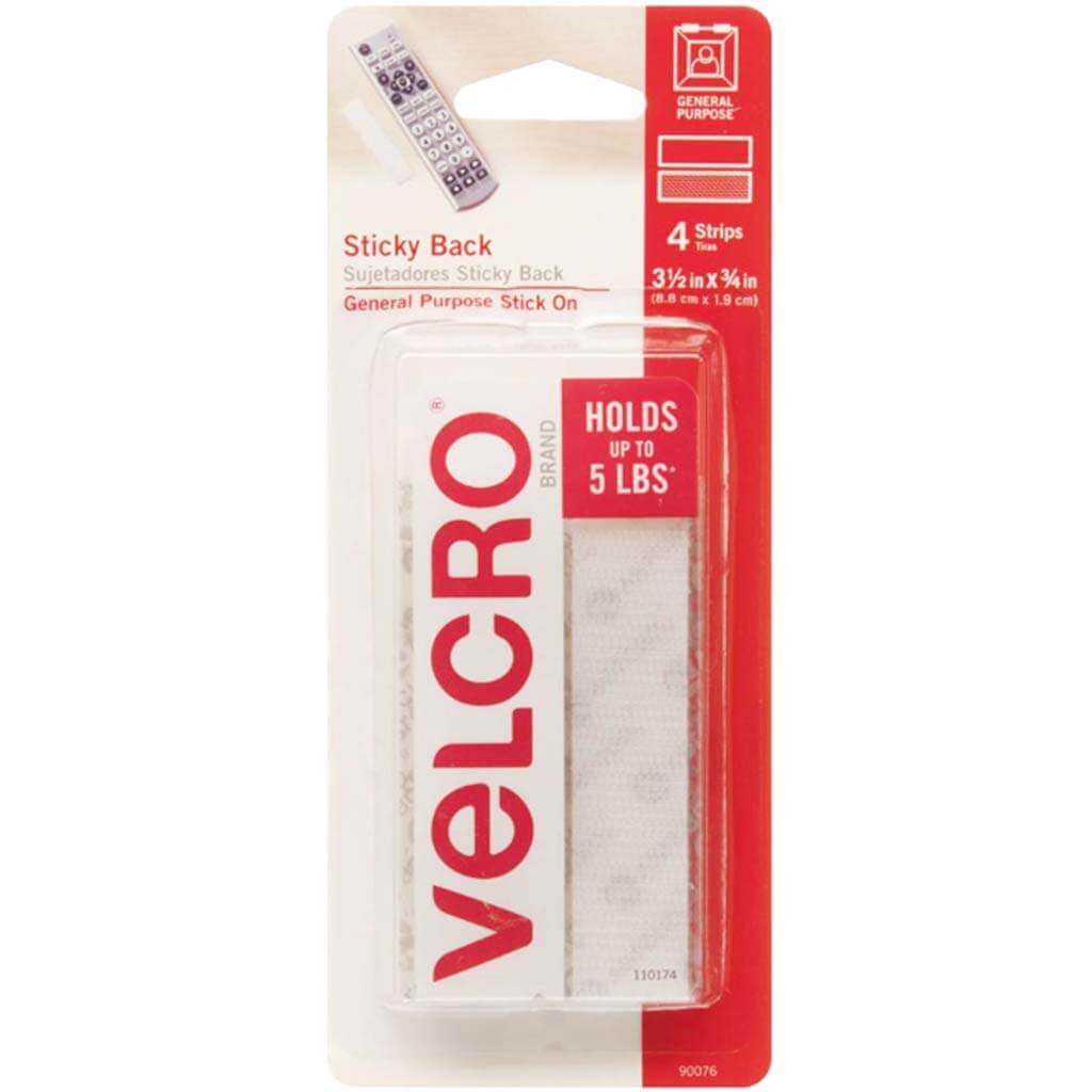 Velcro Strips Sticky Back 3.5in x 3/4in White Pack of 4