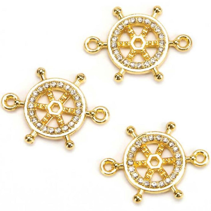 CONNECTOR RHINESTONE SHIP WHEEL GOLD 24MM 