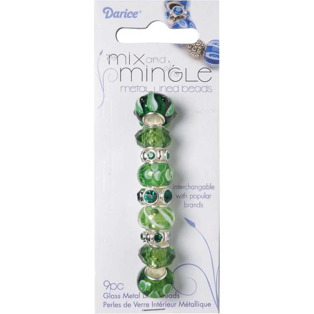 MIX AND MINGLE GLASS BEADS METAL LINED GREEN &amp; BLACK 