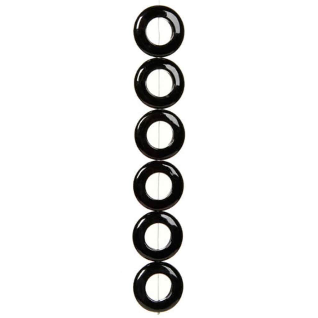 STONE BEAD STRAND BLACK CIRCLE SHAPED STONE BEADS 30MM 