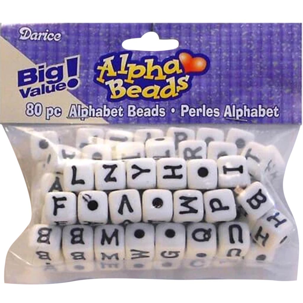 Alphabet Beads Cube Assorted White with Black Letters 12mm 