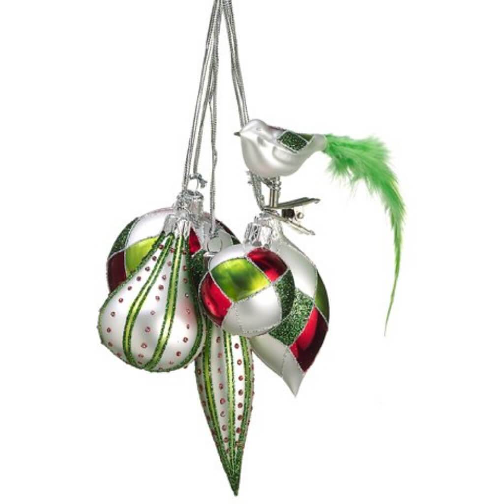Glass Ornament Bird 1.5&quot;-4&quot; Green/Red 